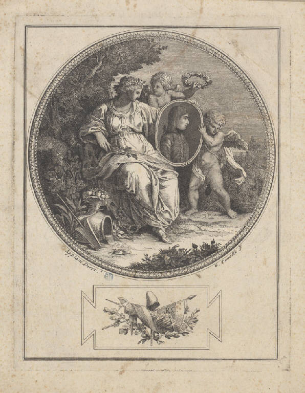 Allegoria con ritratto di Napoleone generale, Ritratto di Napoleone Bonaparte generale (stampa) di Tonelli G, Appiani Andrea (sec. XVIII)