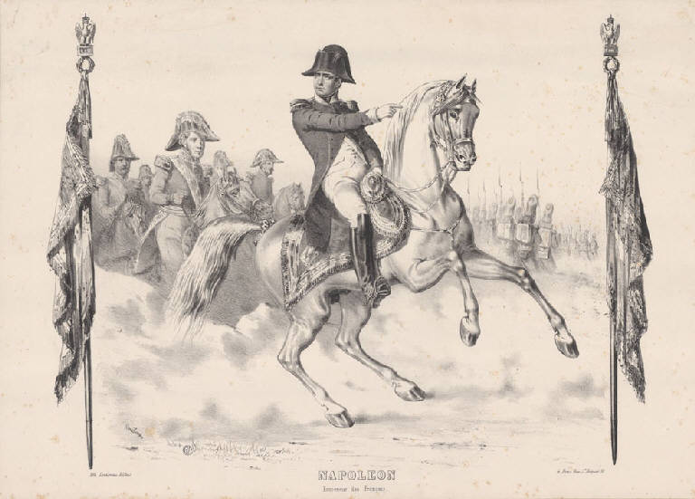 Ritratto di Napoleone Bonaparte imperatore e re d'Italia a cavallo (Stampa) di Brébans, Lordereau (sec. XIX)