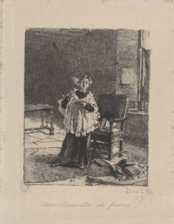 Chierico che fuma in un interno (Stampa) di Bianchi Mosè, Bianchi Mosè (sec. XIX)