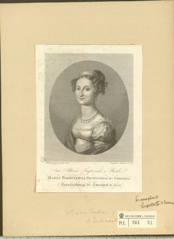 Ritratto di Maria Ferdinanda principessa di Sassonia granduchessa di Toscana (Stampa smarginata) di Morghen Raffaello, Gozzini Vincenzo (sec. XIX)