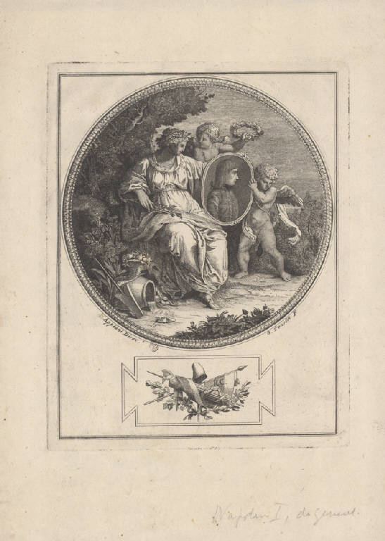 La pace e l'amore sostengono un medaglione con il ritratto del generale Napoleone Bonaparte (Stampa) di Tonelli G, Appiani (sec. XIX)
