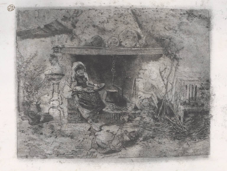 Contadina presso un focolare (Stampa) di Bianchi Mosè, Bianchi Mosè (sec. XIX)