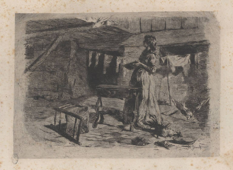Contadina presso un focolare (stampa) di Bianchi Mosè, Bianchi Mosè (sec. XIX)
