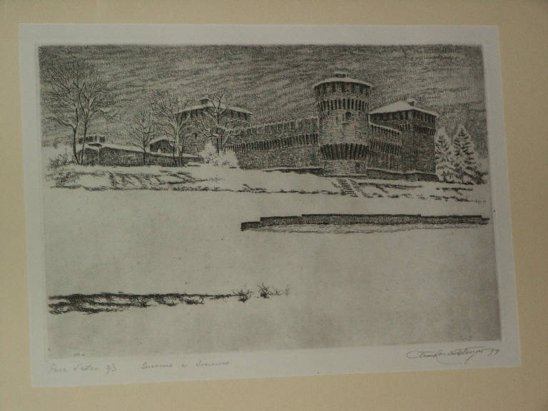 Veduta del Castello di Soncino (stampa) di Cotugno Teodoro, Cotugno Teodoro (sec. XX)