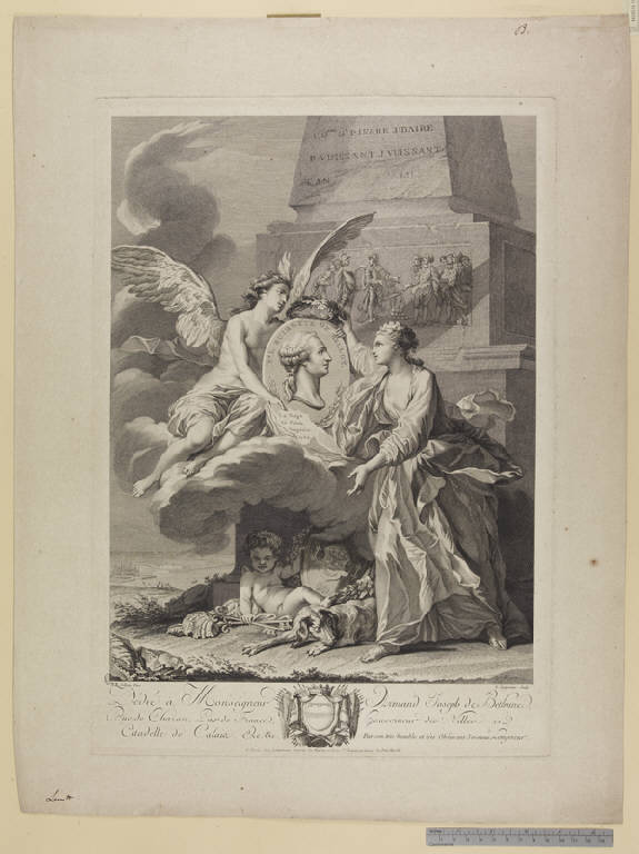 Le personificazioni della Città di Calais e della Fama incoronano un ritratto di Pierre Laurent Buirette de Belloy (stampa) di Lempereur Louis Simon, Jollain Nicolas René (sec. XVIII)