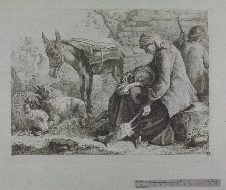 Famiglia di contadini a riposo con un asino e tre pecore (stampa ritoccata a mano) di Bossi Benigno, Londonio Francesco (sec. XVIII)