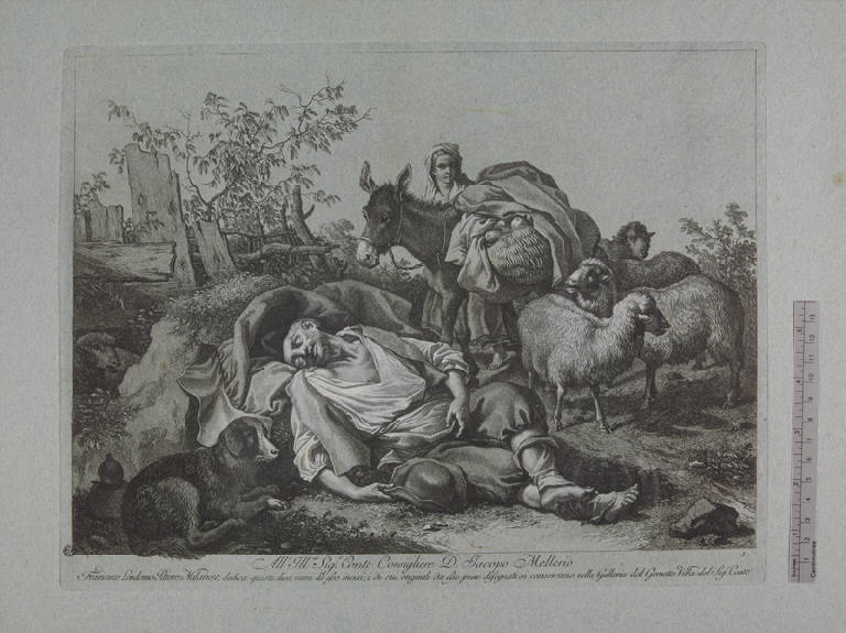 Contadino addormentato e contadina con un asino, Contadino addormentato e contadina con un asino (stampa ritoccata a mano) di Londonio Francesco, Londonio Francesco (sec. XVIII)