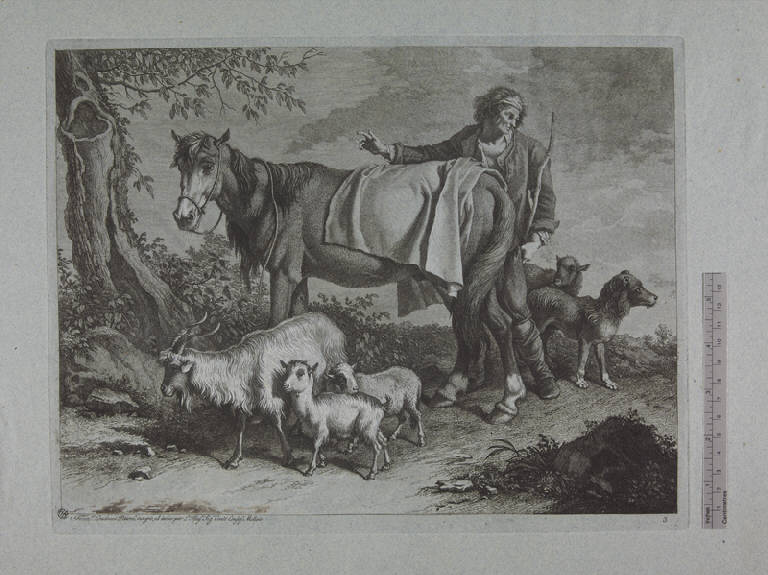 Pastore in piedi presso un cavallo, Contadino con cavallo, cane, pecora e capre (stampa ritoccata a mano) di Londonio Francesco, Londonio Francesco (sec. XVIII)