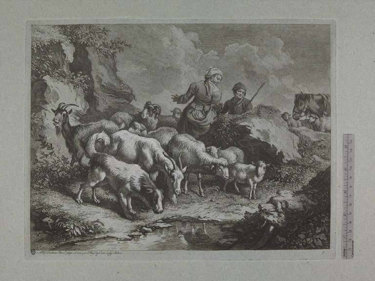 Pastorella di spalle con un gregge ed un pastore, Pastori con gregge (stampa ritoccata a mano) di Londonio Francesco, Londonio Francesco (sec. XVIII)
