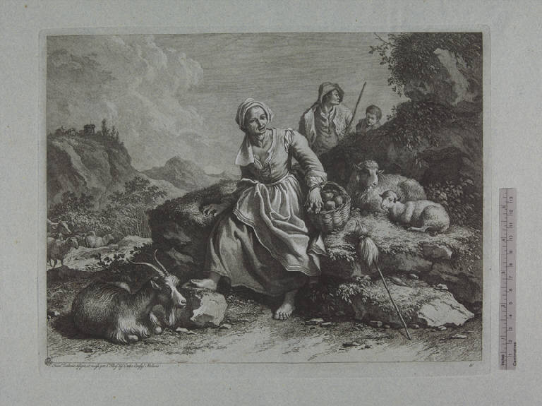 Vecchia filatrice con cesto di pere, Contadina, pastore e pastorello con un gregge (stampa ritoccata a mano) di Londonio Francesco, Londonio Francesco (sec. XVIII)