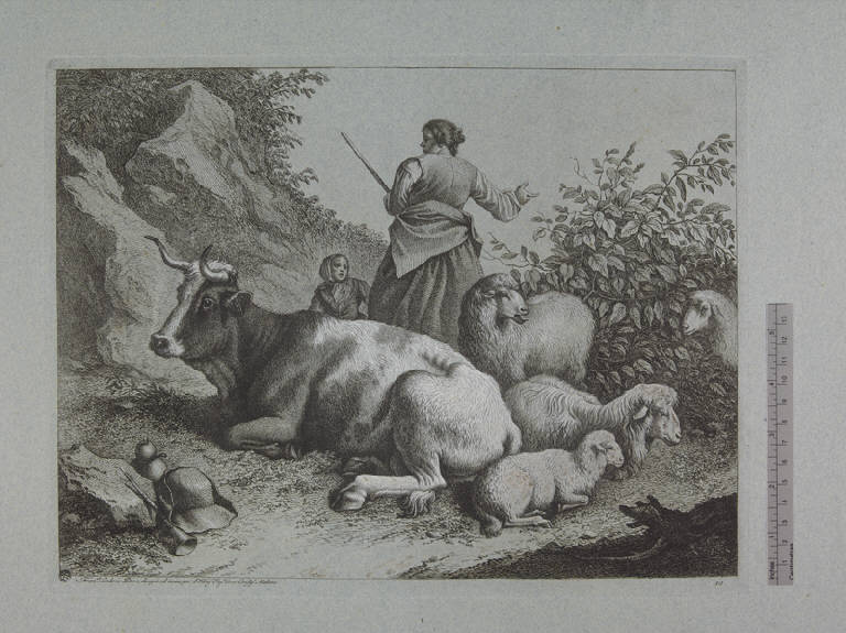 Pastorella in piedi di spalle davanti ad una bambina, Pastorelle con gregge (stampa ritoccata a mano) di Londonio Francesco, Londonio Francesco (sec. XVIII)