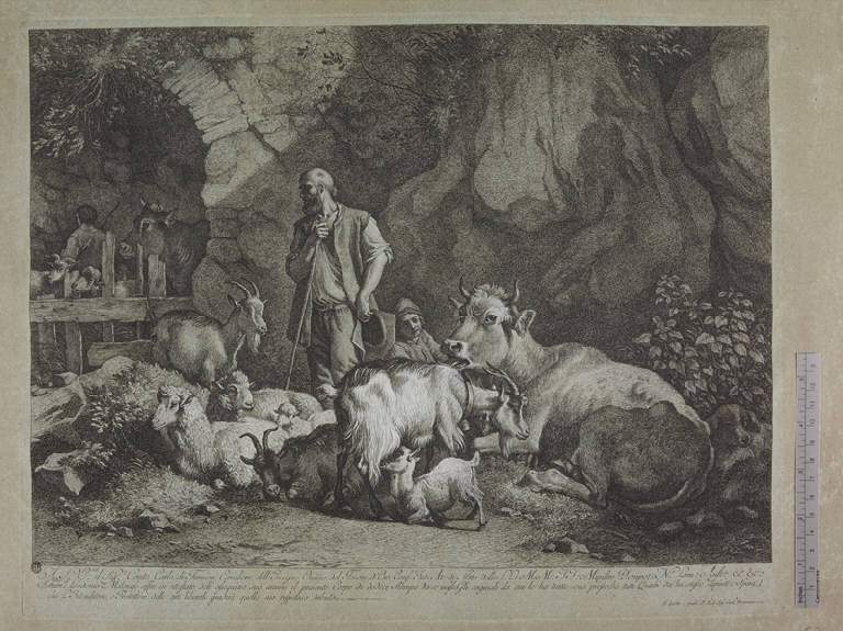 Vecchio pastore calvo, pastorello seduto e gregge, Pastori con gregge (stampa ritoccata a mano) di Londonio Francesco, Londonio Francesco (sec. XVIII)
