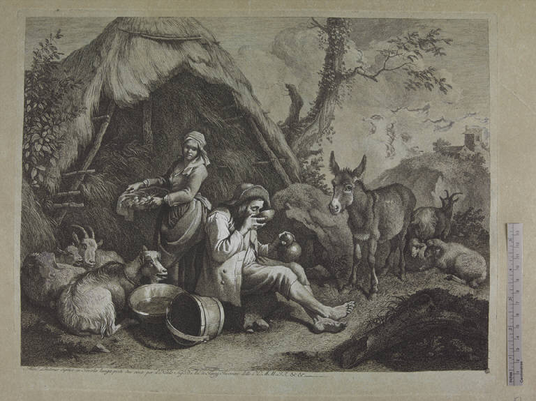 Vecchio seduto e donna con cesto d'uova, Contadini con gregge davanti a una capanna (stampa ritoccata a mano) di Londonio Francesco, Londonio Francesco (sec. XVIII)