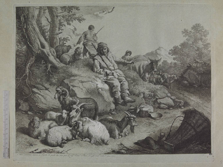 Pastore seduto davanti a capre e armenti, Contadini con gregge (stampa ritoccata a mano) di Londonio Francesco, Londonio Francesco (sec. XVIII)