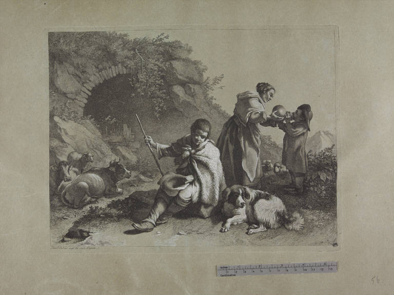 Pastorello seduto e donna che dà da bere a un bimbo, Contadina con due pastorelli e gregge (stampa ritoccata a mano) di Londonio Francesco, Londonio Francesco (sec. XVIII)