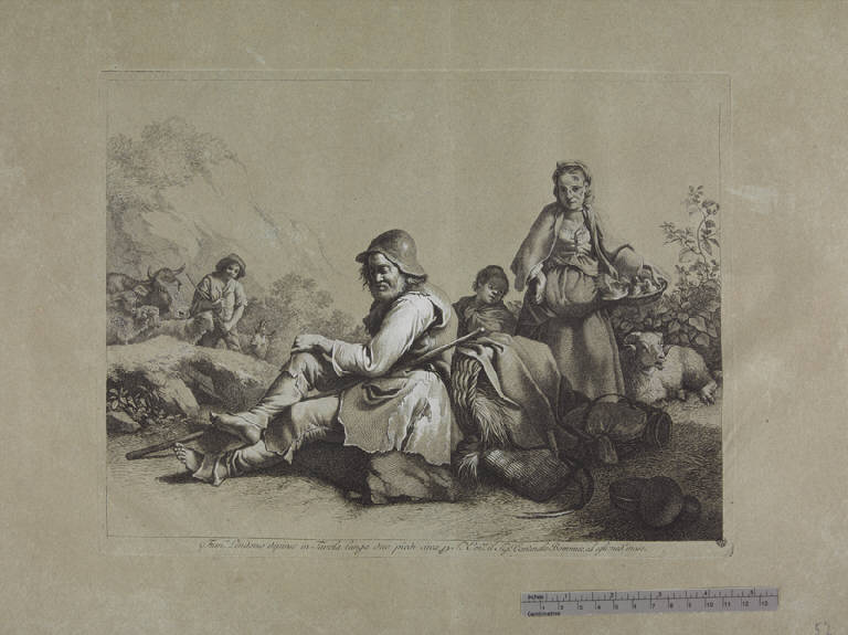 Pastore seduto e contadinella con un cesto, Pastori e contadini (stampa ritoccata a mano) di Londonio Francesco, Londonio Francesco (sec. XVIII)