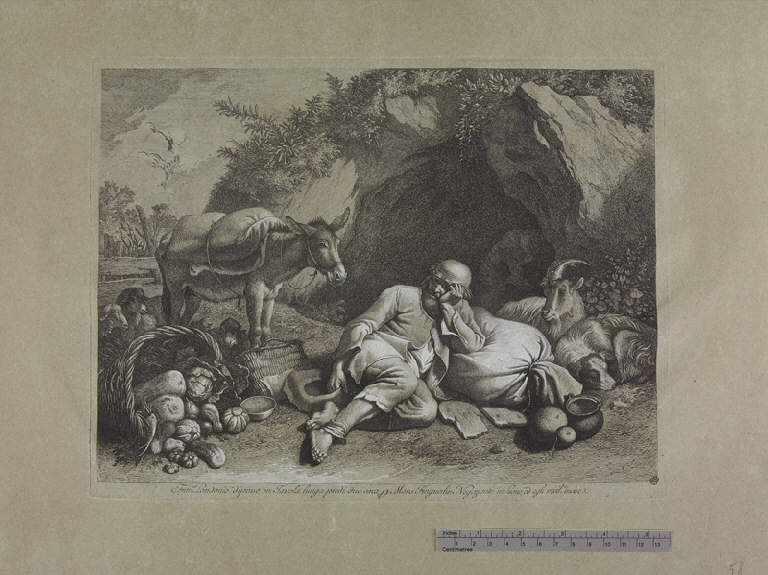 Vecchio sdraiato appoggiato a un sacco, Contadino che riposa accanto agli animali e al raccolto (stampa ritoccata a mano) di Londonio Francesco, Londonio Francesco (sec. XVIII)