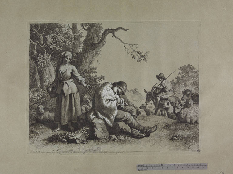 Pastorello dormiente, donna, bambino e pastore, Scena campestre con pastorello addormentato (stampa ritoccata a mano) di Londonio Francesco, Londonio Francesco (sec. XVIII)