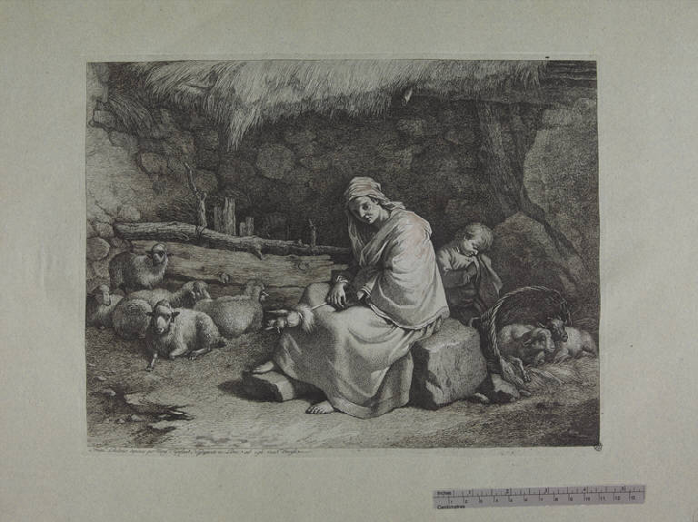 Interno di stalla con filatrice seduta e bambino addormentato, Filatrice con gregge presso una stalla (stampa ritoccata a mano) di Londonio Francesco, Londonio Francesco (sec. XVIII)