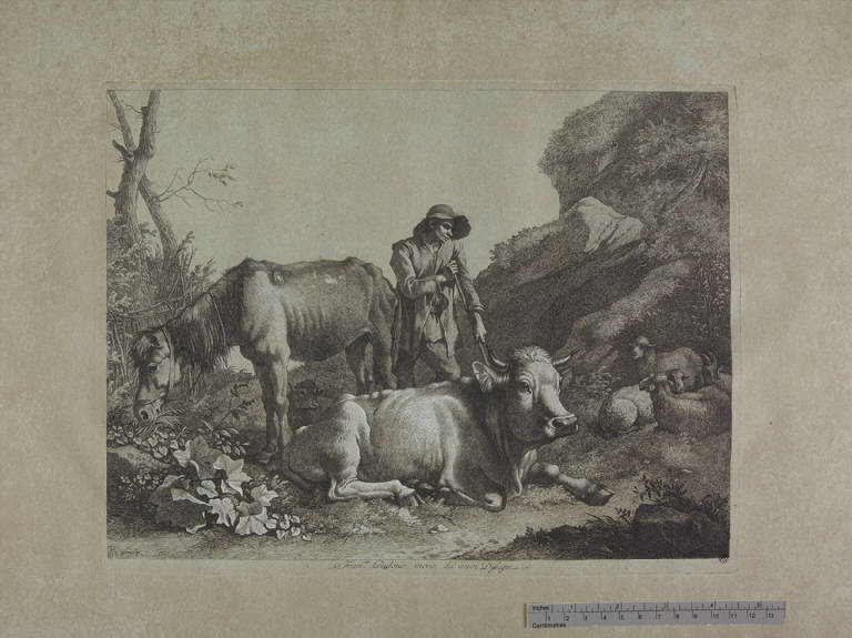 Pastore appoggiato ad un bastone, vecchio cavallo e toro in riposo, Pastore con cavallo, mucca e gregge (stampa ritoccata a mano) di Londonio Francesco, Londonio Francesco (sec. XVIII)