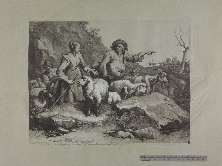 Contadino con un sacco e due pastorelle, Contadino e due pastorelle con gregge (stampa ritoccata a mano) di Londonio Francesco, Londonio Francesco (sec. XVIII)