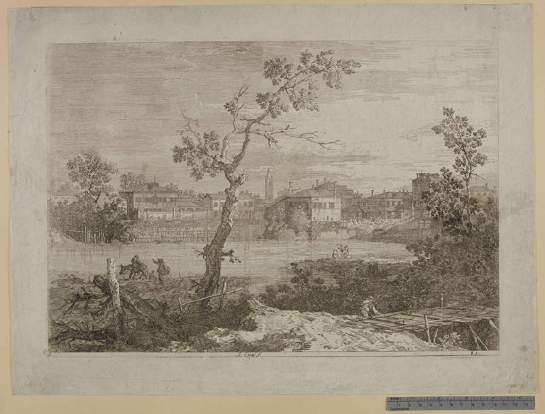 Veduta di città sulla riva di un fiume, Veduta di città sulla riva di un fiume (stampa) di Canal Giovanni Antonio detto Canaletto, Canal Giovanni Antonio detto Canaletto (sec. XVIII)