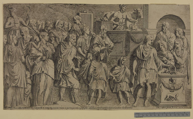 L'imperatore Marco Antonio offre un sacrificio, Scena di sacrificio pagano (stampa tagliata) di Davent Léon (sec. XVI)