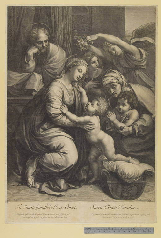 Sacra Famiglia con San Giovannino e Sant'Elisabetta (stampa tagliata) di Edelinck Gérard, Sanzio Raffaello (seconda metà sec. XVII)