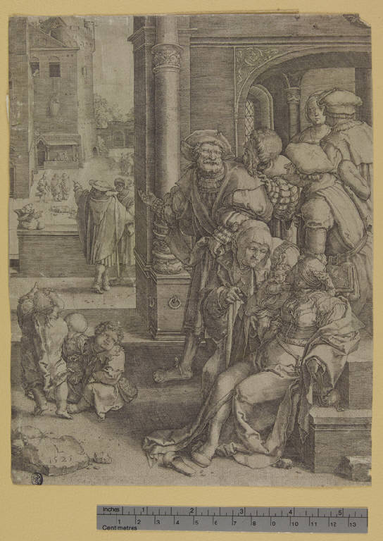 Virgilio nella cesta (stampa tagliata) di Hugenszoon Lucas detto Luca di Leida, Hugenszoon Lucas detto Luca di Leida (sec. XVI)