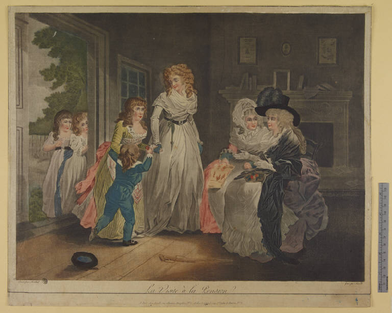 Famiglia in visita a una pensione (stampa a colori colorata a mano tagliata) di Mixelle Jean Marie, Morland George (sec. XVIII)