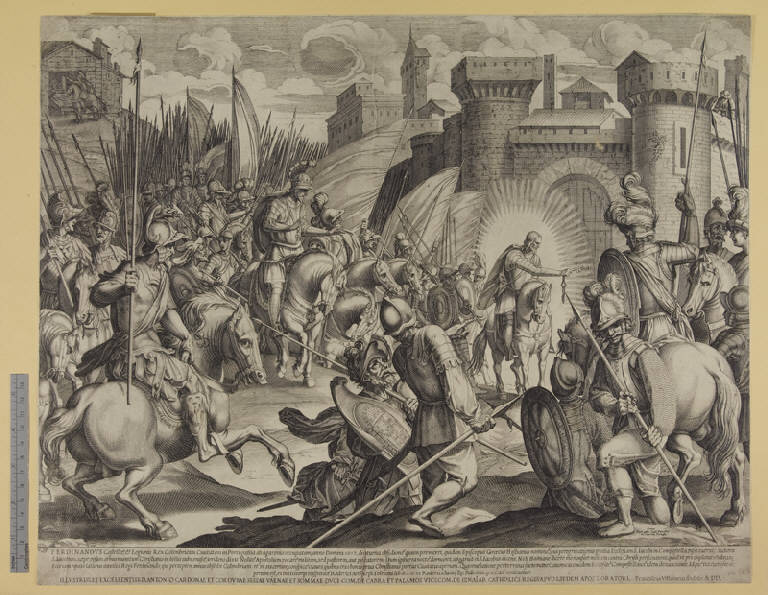 San Giacomo il Maggiore appare all'esercito di Ferdinando II (stampa tagliata) di Villamena Francesco, Tempesta Antonio (sec. XVII)