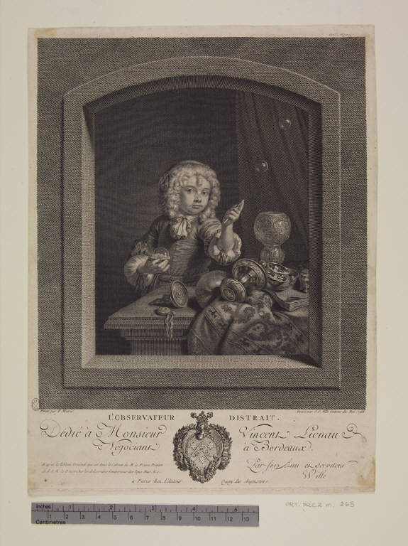 Bambino che gioca con le bolle di sapone (stampa tagliata) di Wille Johann Georg, Mieris Franz van (sec. XVIII)