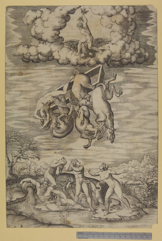 Giove colpisce Fetonte con un fulmine (stampa tagliata) di Buonarroti Michelangelo, Beatrizet Nicolas - ambito romano (sec. XVI)