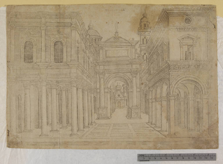 Una strada con vari edifici, colonnati e un arco, Edifici in prospettiva (stampa tagliata) di Bramante Donato - ambito milanese (?), ambito romano (?) (fine sec. XV)