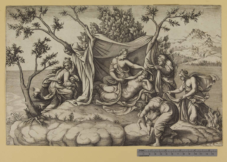 Latona dà alla luce Apollo e Diana sull'isola di Delo (stampa tagliata) di Scultori Diana, Pippi Giulio detto Giulio Romano (sec. XVI)