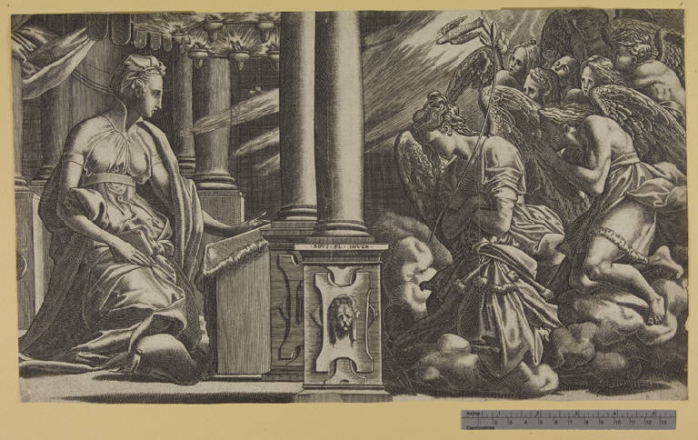 Annunciazione (stampa tagliata) di Boyvin René (attribuito), Rosso Fiorentino (sec. XVI)