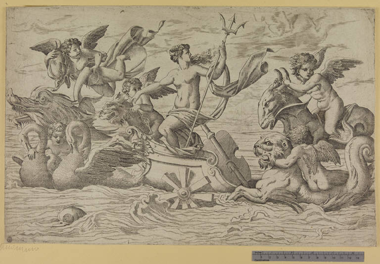 Venere su un carro trainato da due cigni, Carro di Venere (stampa tagliata) di Monogrammista IOV, Pippi Giulio detto Giulio Romano (sec. XVI)