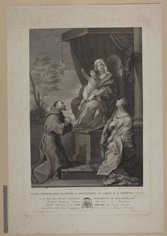 Madonna con Bambino in trono con San Francesco d'Assisi e Santa Cristina (stampa) di Martelli Luigi, Martelli Luigi, Reni Guido (sec. XIX)