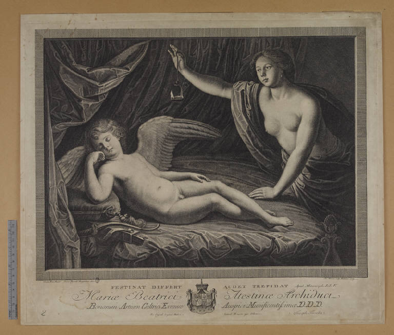 Psiche spia Cupido dormiente (stampa) di Mercoli Giacomo il Vecchio, Paganelli Simone, Reni Guido (sec. XVIII)