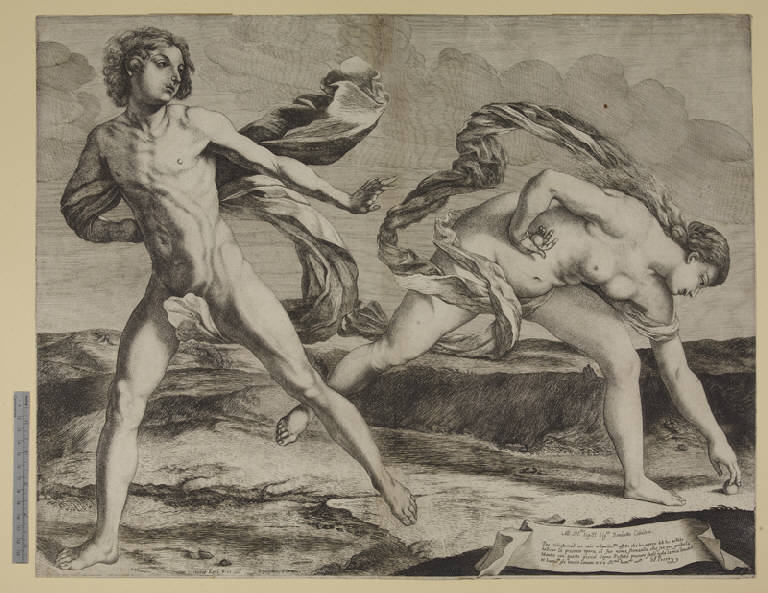 Atalanta e Ippomene, Atalanta ed Ippomene (stampa tagliata) di Pesca Giovanni Federico, Reni Guido (sec. XVII)