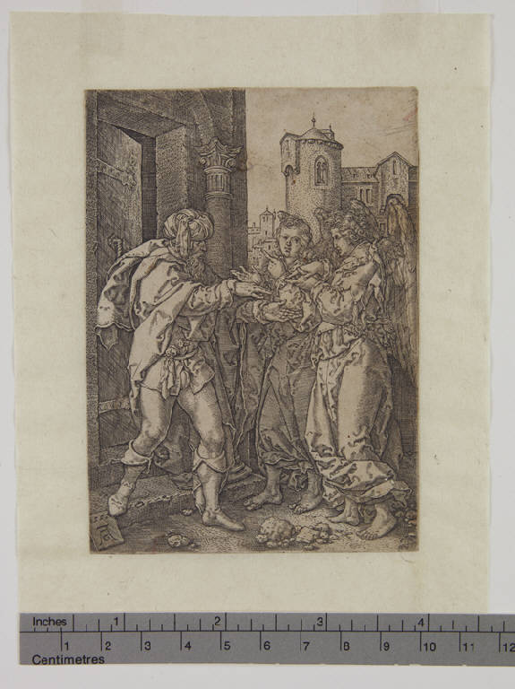 Lot e i due angeli, Lot e i due angeli (stampa tagliata) di Aldegrever Heinrich (sec. XVI)