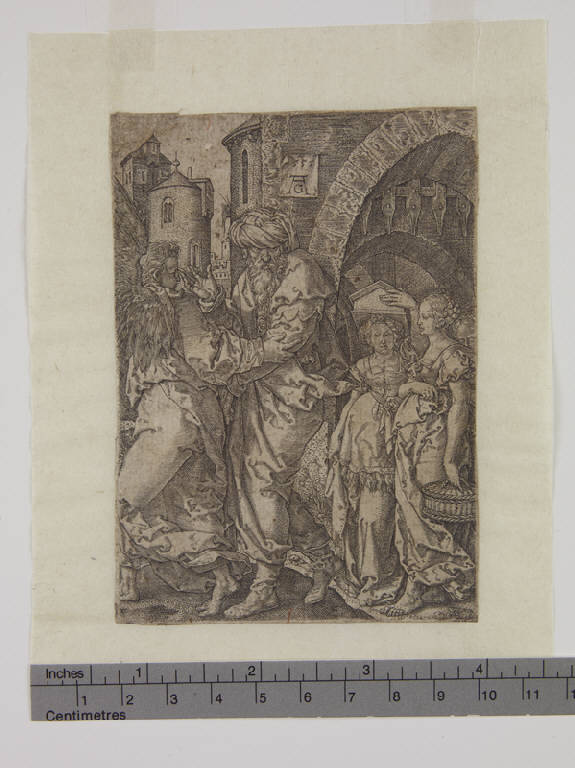 Lot e la famiglia in fuga da Sodoma, Lot e la famiglia in fuga da Sodoma (stampa tagliata) di Aldegrever Heinrich (sec. XVI)