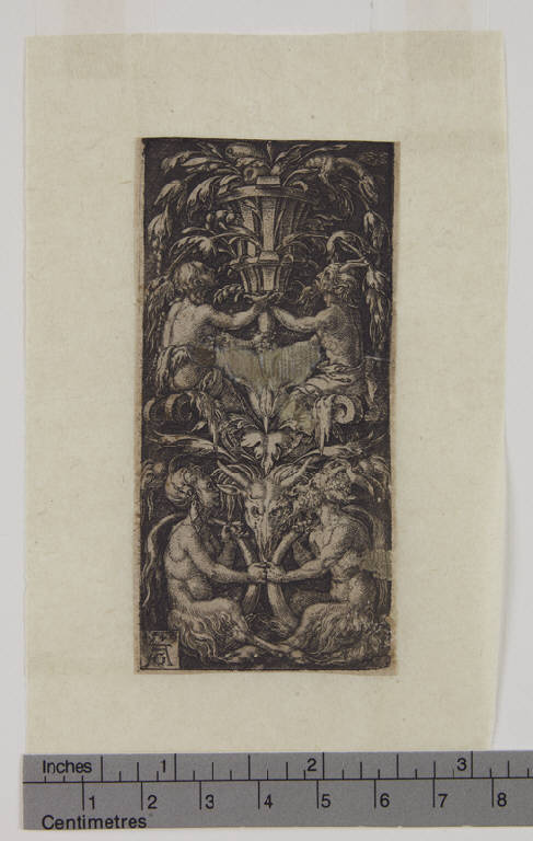 Motivo ornamentale con satiri, Motivo ornamentale con due satiri e due satiresse (stampa smarginata) di Aldegrever Heinrich (sec. XVI)