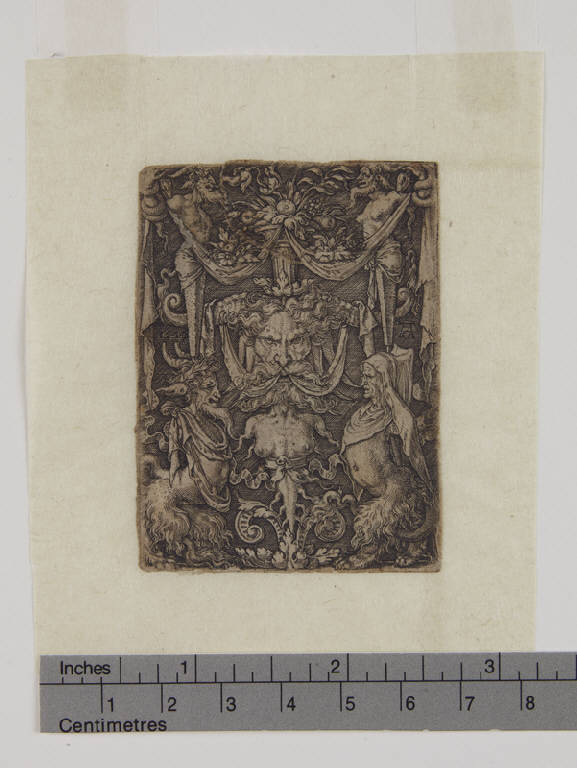 Motivo ornamentale con maschera e figure grottesche, Motivo ornamentale con mascherone e satiti (stampa smarginata) di Aldegrever Heinrich (sec. XVI)