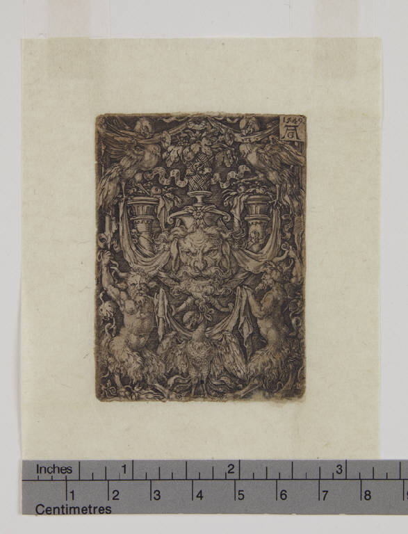 Motivo ornamentale con maschera e satiri, Motivo ornamentale con mascherone e satiti (stampa smarginata) di Aldegrever Heinrich (sec. XVI)