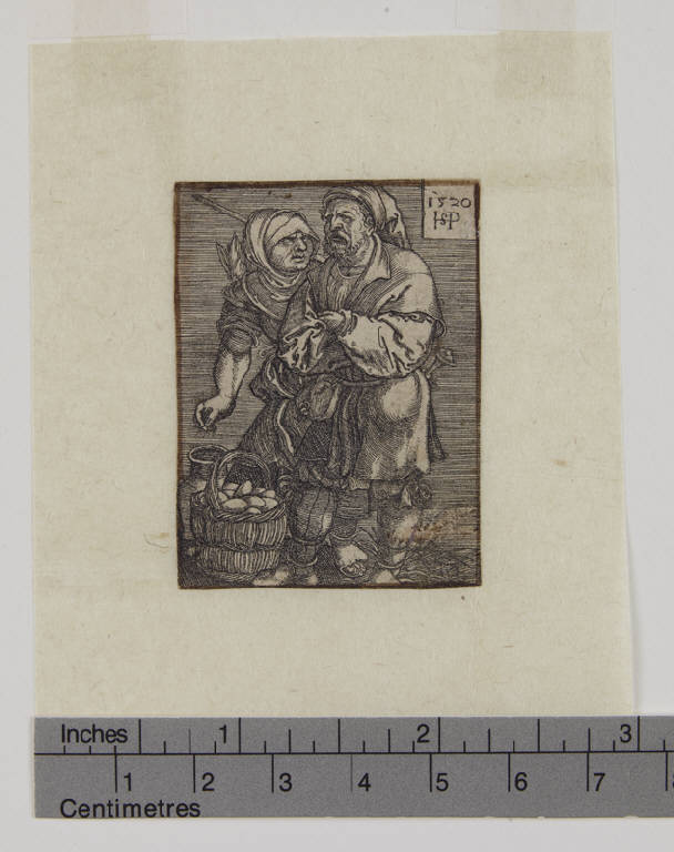 Contadino che vende uova, Coppia di contadini con cesto d'uova (stampa tagliata) di Beham Hans Sebald (sec. XVI)