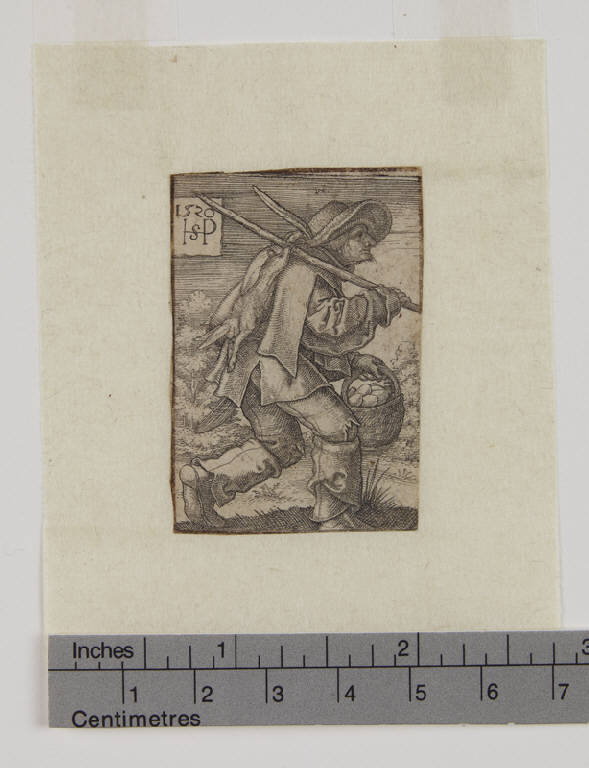 Contadino che va al mercato, Contadino con un selvaggina e cesto d'uova (stampa tagliata) di Beham Hans Sebald (sec. XVI)