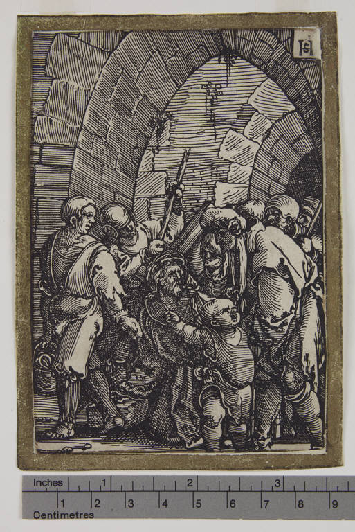 Cristo che porta la croce, Cristo che cade portando la croce (stampa tagliata) di Beham Hans Sebald (sec. XVI)