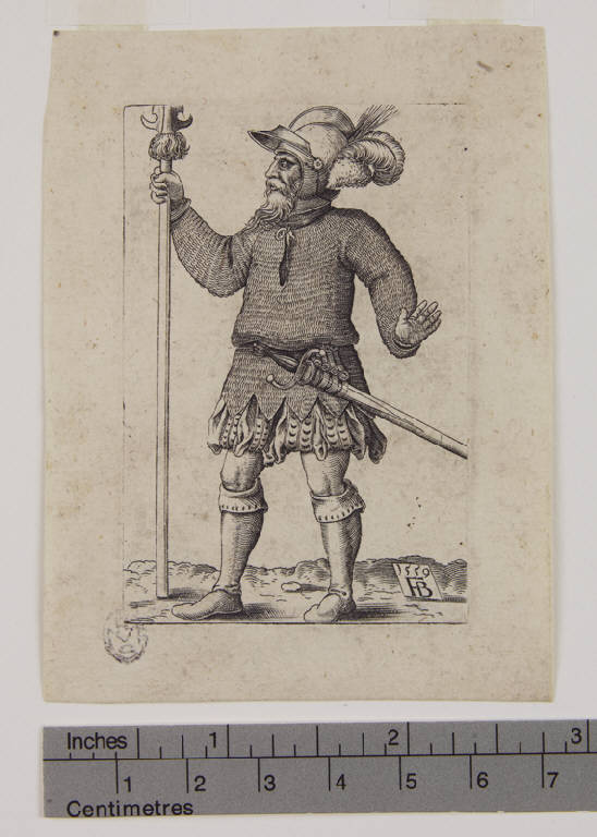 Soldato che avanza verso sinistra con una lancia, Soldato che avanza verso sinistra con una lancia (stampa) di Brun Franz Isaac (sec. XVI)