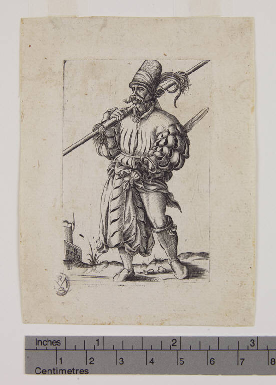 Soldato che avanza verso sinistra con spada e bastone, Soldato che avanza verso sinistra con spada e bastone (stampa) di Brun Franz Isaac (sec. XVI)